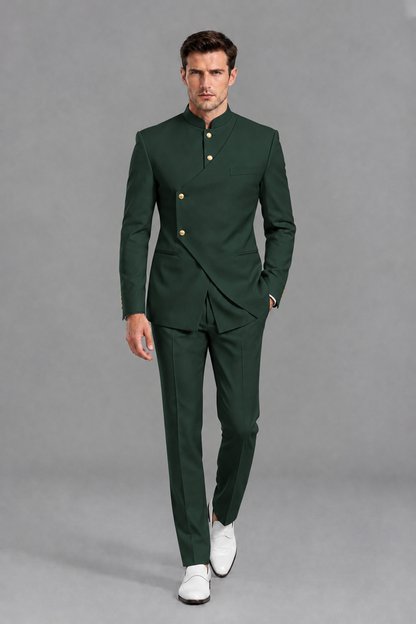 Savile Men's Dark Green Asymmetrical Mandarin Collar Tuxedo Suit – Modern 2-Piece Gold Button Wedding, Prom & Gala Set - Dark Green - Dark Green_2