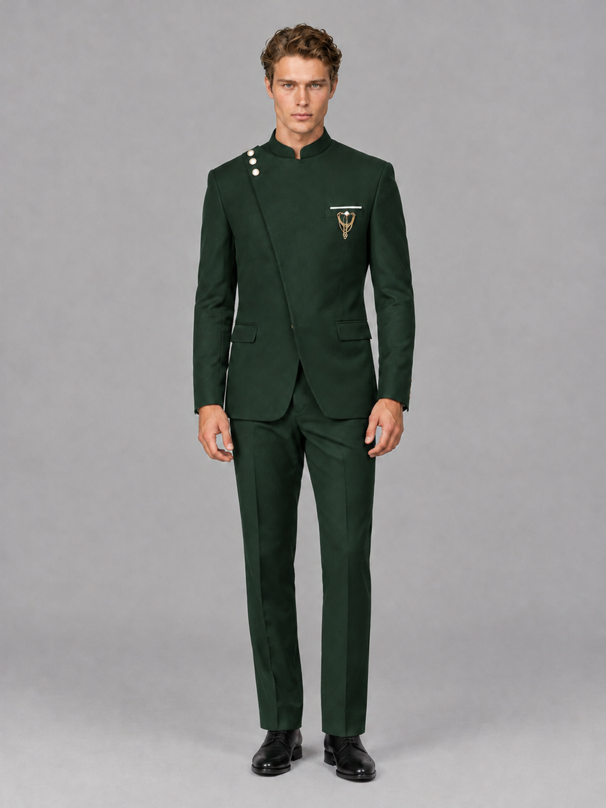 Savile Men's Dark Green Mandarin Collar Asymmetrical 2-Piece Suit Set – Modern Jacket & Trousers - Dark Green - Dark Green_2