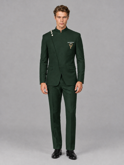 Savile Men's Dark Green Mandarin Collar Asymmetrical 2-Piece Suit Set – Modern Jacket & Trousers - Dark Green - Dark Green_2