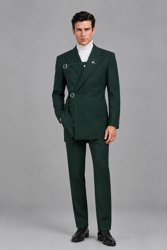 Savile Men's Dark Green Double Buckle Wrap Belted 2-Piece Suit Set – Peak Lapel Slim-Fit Jacket & Trousers - Dark Green - Dark Green_2