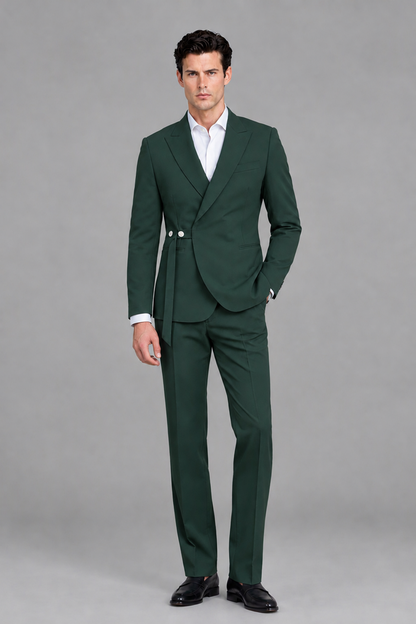Savile Men's Modern Dark Green 2-Piece Wrap Suit Set – Peak Lapel Side-Button Blazer & Tailored Trousers - Dark Green - Dark_Green_2