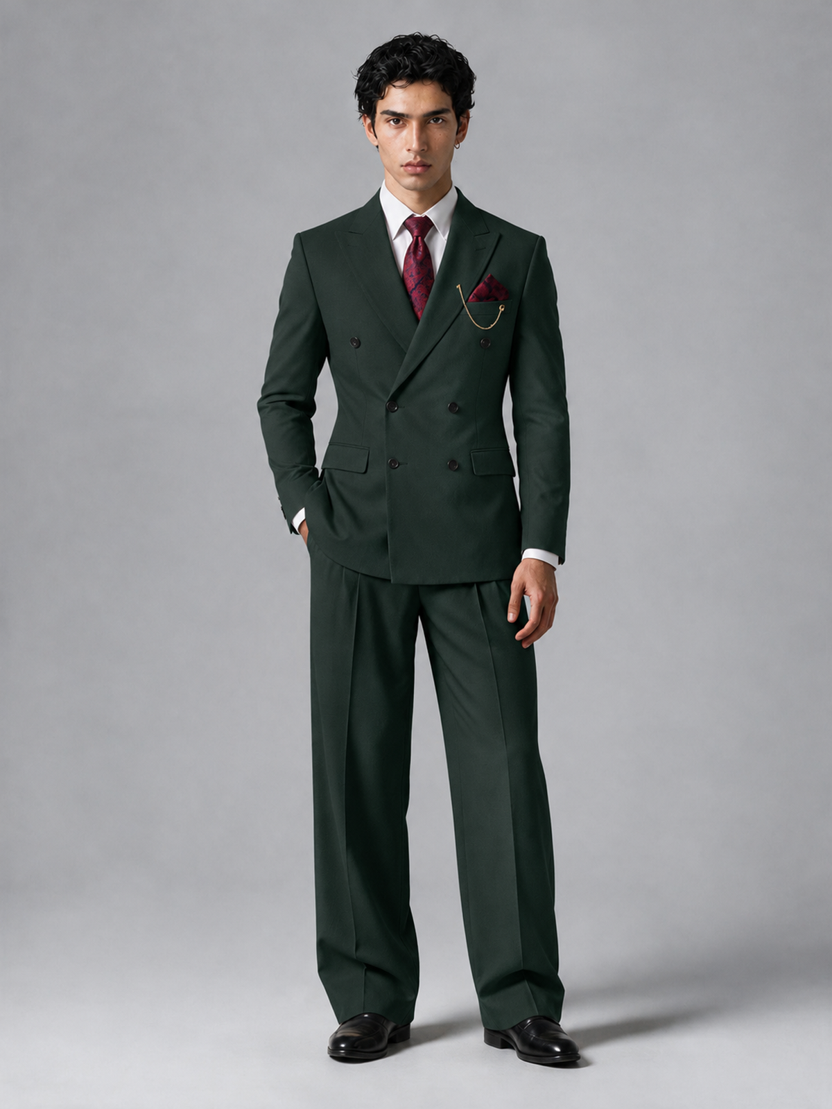 Savile Men's Dark Green Double-Breasted 2-Piece Suit Set – Peak Lapel Blazer & Pleated Wide-Leg Trousers - Dark Green - Dark Green_2
