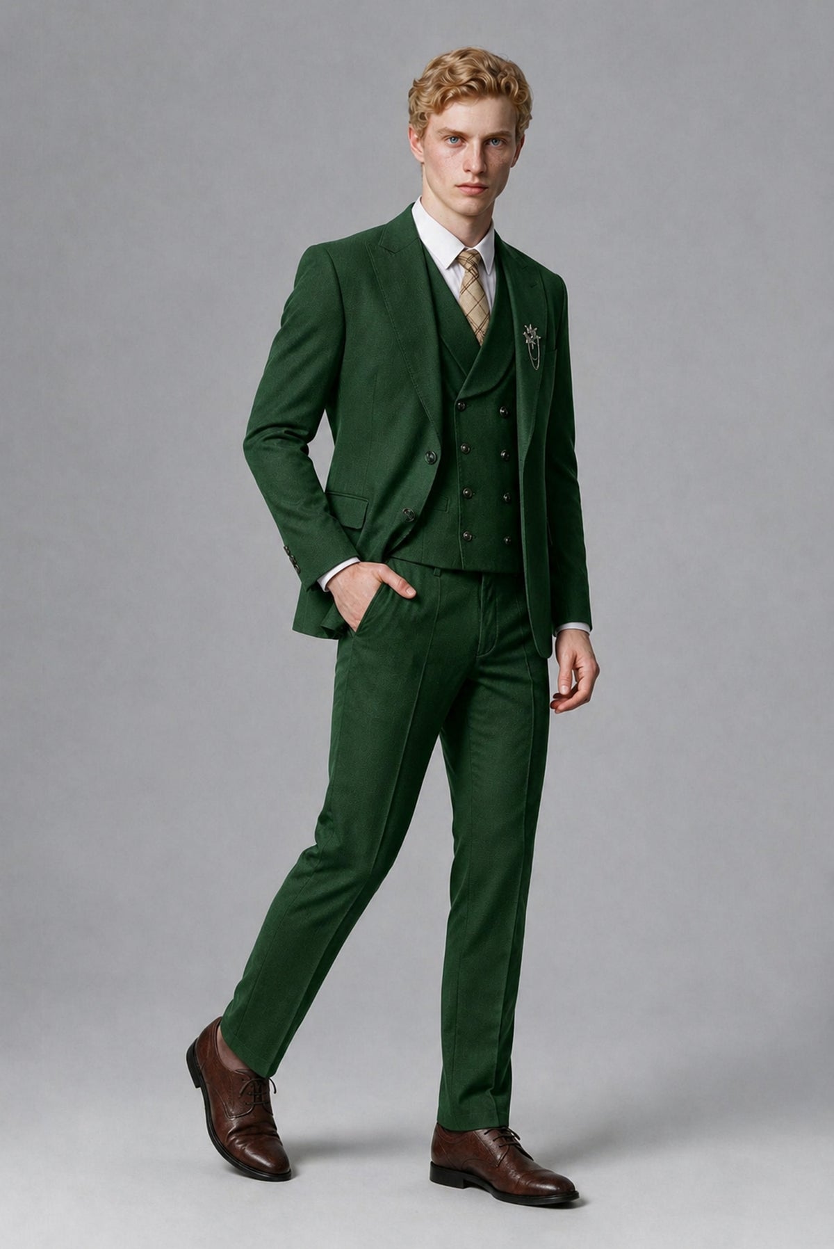 Savile Men's Dark Green Three-Piece Wedding Suit with Double-Breasted Waistcoat - Dark Green