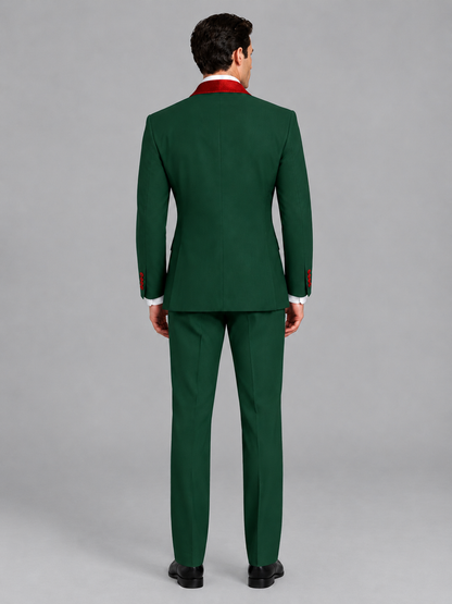 Savile Men's Dark Green 3-Piece Tuxedo Suit Set – Contrast Red Shawl Lapel Blazer, Red Waistcoat & Trousers - SUC020 - Dark_Green