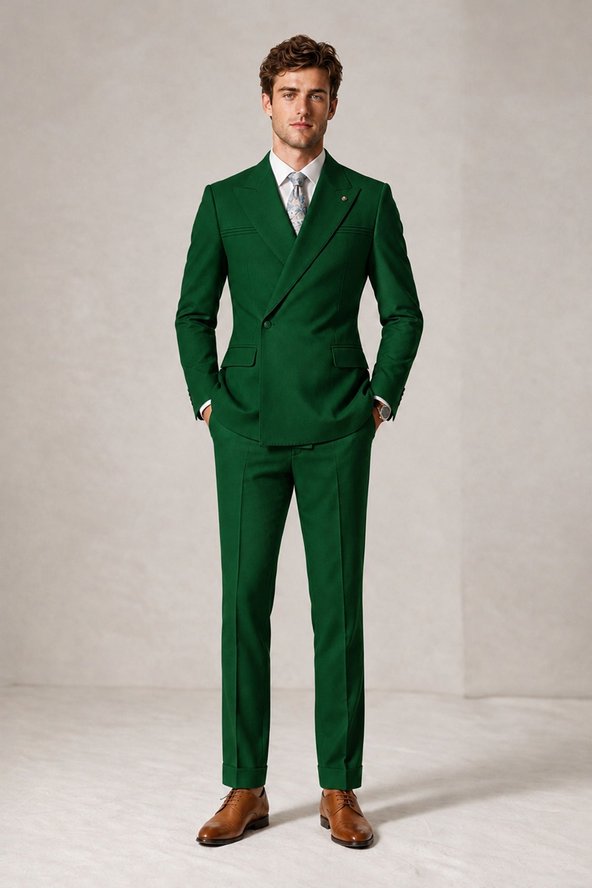 Savile Men's Dark Green Double-Breasted Slim Fit 2-Piece Suit Set – Peak Lapel Blazer & Cuffed Trousers | Wedding Prom Formal - Dark Green