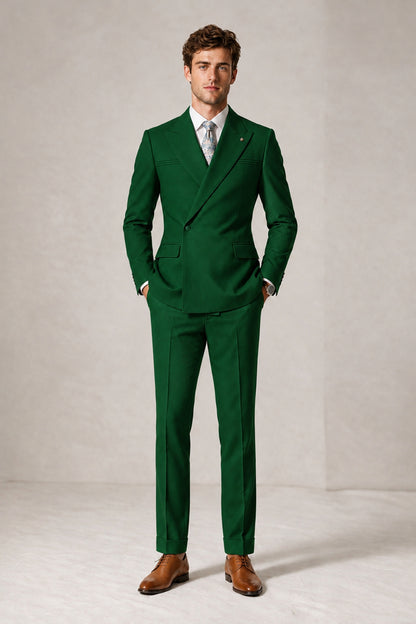 Savile Men's Dark Green Double-Breasted Slim Fit 2-Piece Suit Set – Peak Lapel Blazer & Cuffed Trousers | Wedding Prom Formal - Dark Green