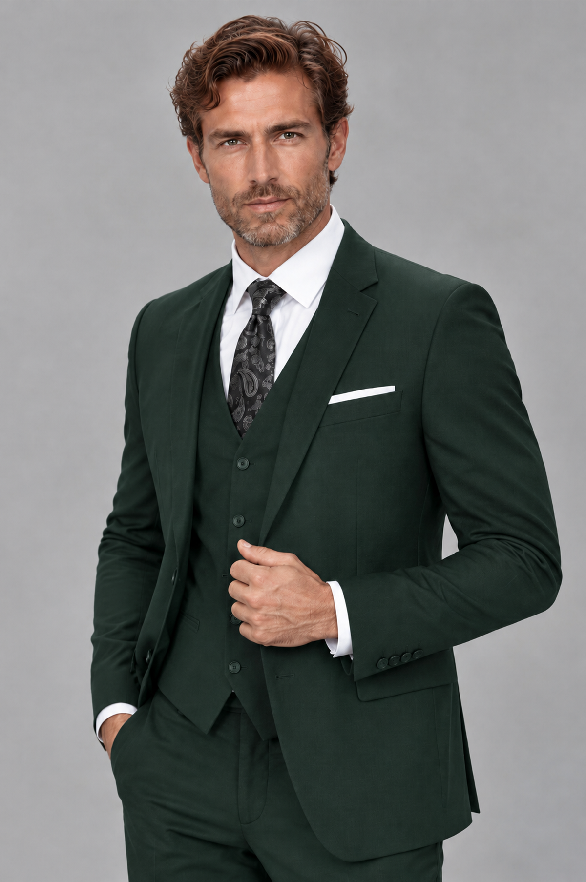 Savile Men's Dark Green 3-Piece Suit Set – Notch Lapel Blazer, Vest & Trousers - Dark Green - Dark_Green_3