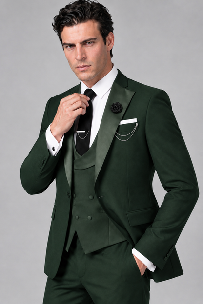 Savile Men's Dark Green 3-Piece Tuxedo Suit – Contrast Silver Peak Lapel & Grey Vest Formal Set - Dark Green - Dark Green_3