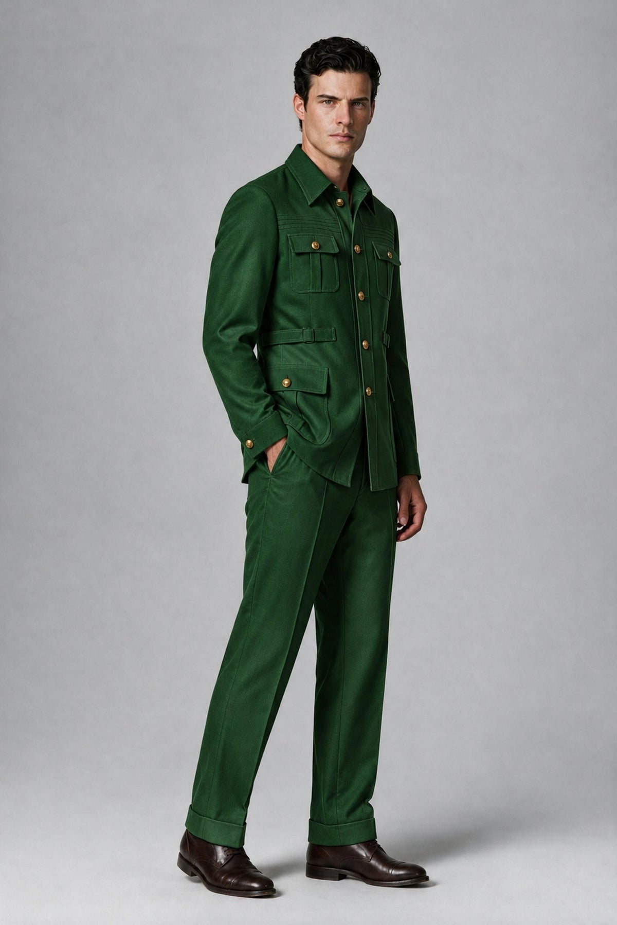 Savile Dark Green Safari Jacket & Trousers Two-Piece Men's Suit - Dark Green