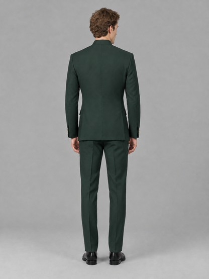 Savile Men's Dark Green Mandarin Collar Asymmetrical 2-Piece Suit Set – Modern Jacket & Trousers - Dark Green - Dark Green_3