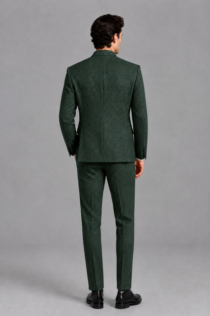 Savile Men's Dark Green Stand Collar Double Breasted Slim Fit 2-Piece Suit Set – Jacket & Trousers | Wedding Gala Formal - Dark_Green