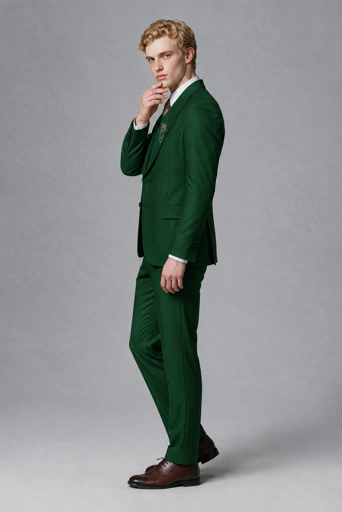 Savile Men's Dark Green Three-Piece Wedding Suit with Double-Breasted Waistcoat - Dark Green