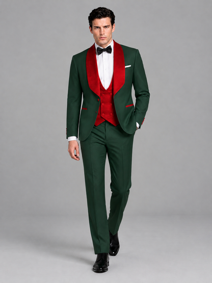 Savile Men's Dark Green 3-Piece Tuxedo Suit Set – Contrast Red Shawl Lapel Blazer, Red Waistcoat & Trousers - SUC020 - Dark_Green