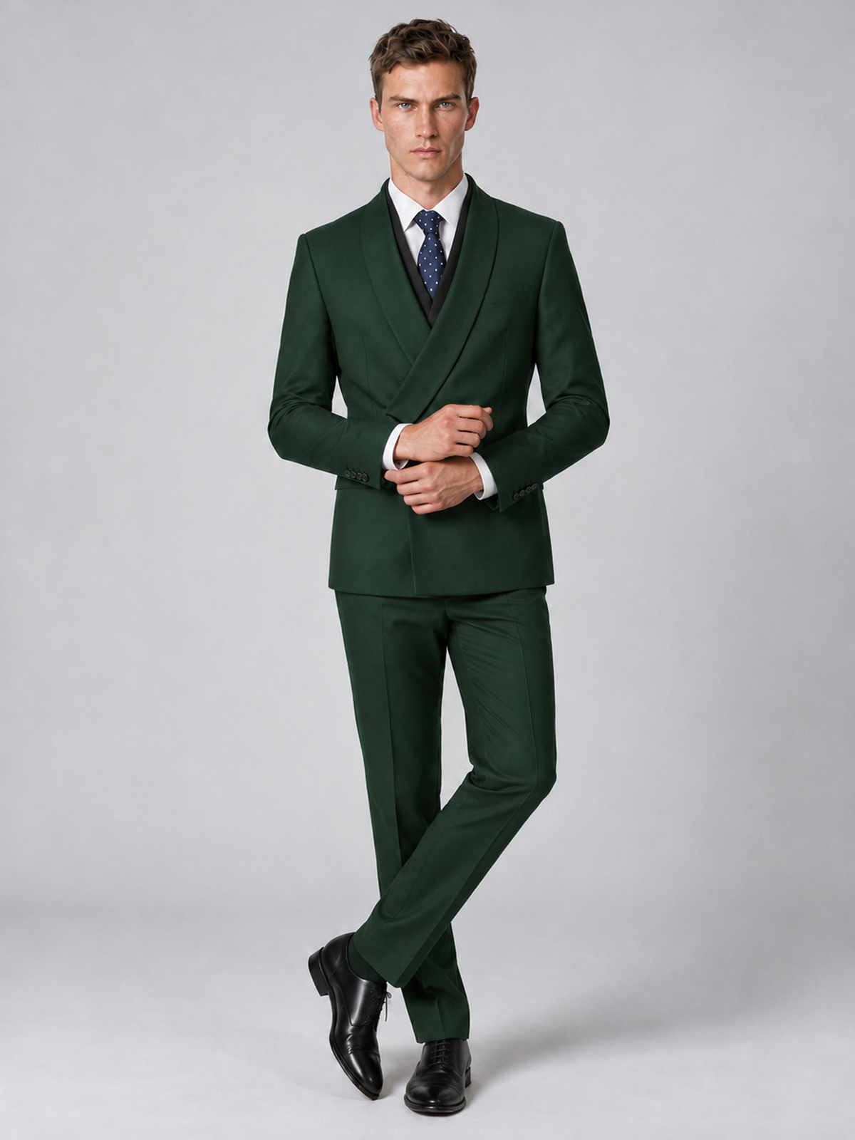Savile Men's Dark Green Wrap Shawl Lapel 2-Piece Suit Set – Modern Jacket & Trousers - Dark Green - Dark Green_4