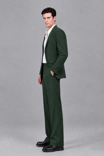 Savile Men's Dark Green Pleated 2-Piece Suit Set | Notch Lapel Blazer & Tailored Trousers - Dark Green - Dark Green_4