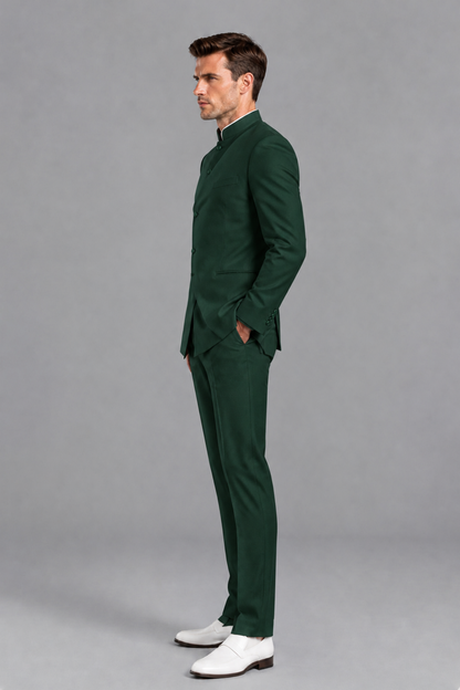 Savile Men's Dark Green Asymmetrical Mandarin Collar Tuxedo Suit – Modern 2-Piece Gold Button Wedding, Prom & Gala Set - Dark Green - Dark Green_4