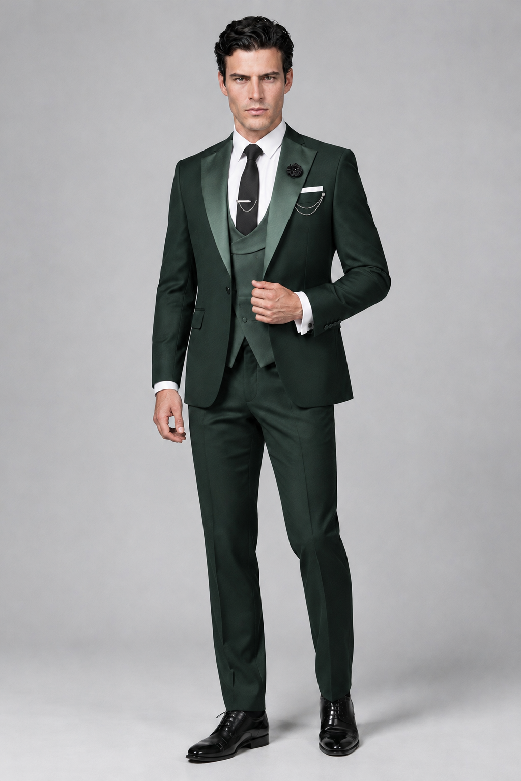 Savile Men's Dark Green 3-Piece Tuxedo Suit – Contrast Silver Peak Lapel & Grey Vest Formal Set - Dark Green - Dark Green_4