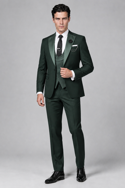 Savile Men's Dark Green 3-Piece Tuxedo Suit – Contrast Silver Peak Lapel & Grey Vest Formal Set - Dark Green - Dark Green_4