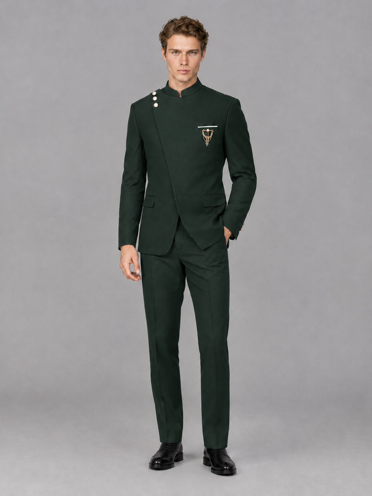 Savile Men's Dark Green Mandarin Collar Asymmetrical 2-Piece Suit Set – Modern Jacket & Trousers - Dark Green - Dark Green_4