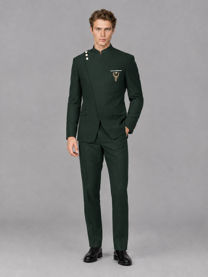 Savile Men's Dark Green Mandarin Collar Asymmetrical 2-Piece Suit Set – Modern Jacket & Trousers - Dark Green - Dark Green_4