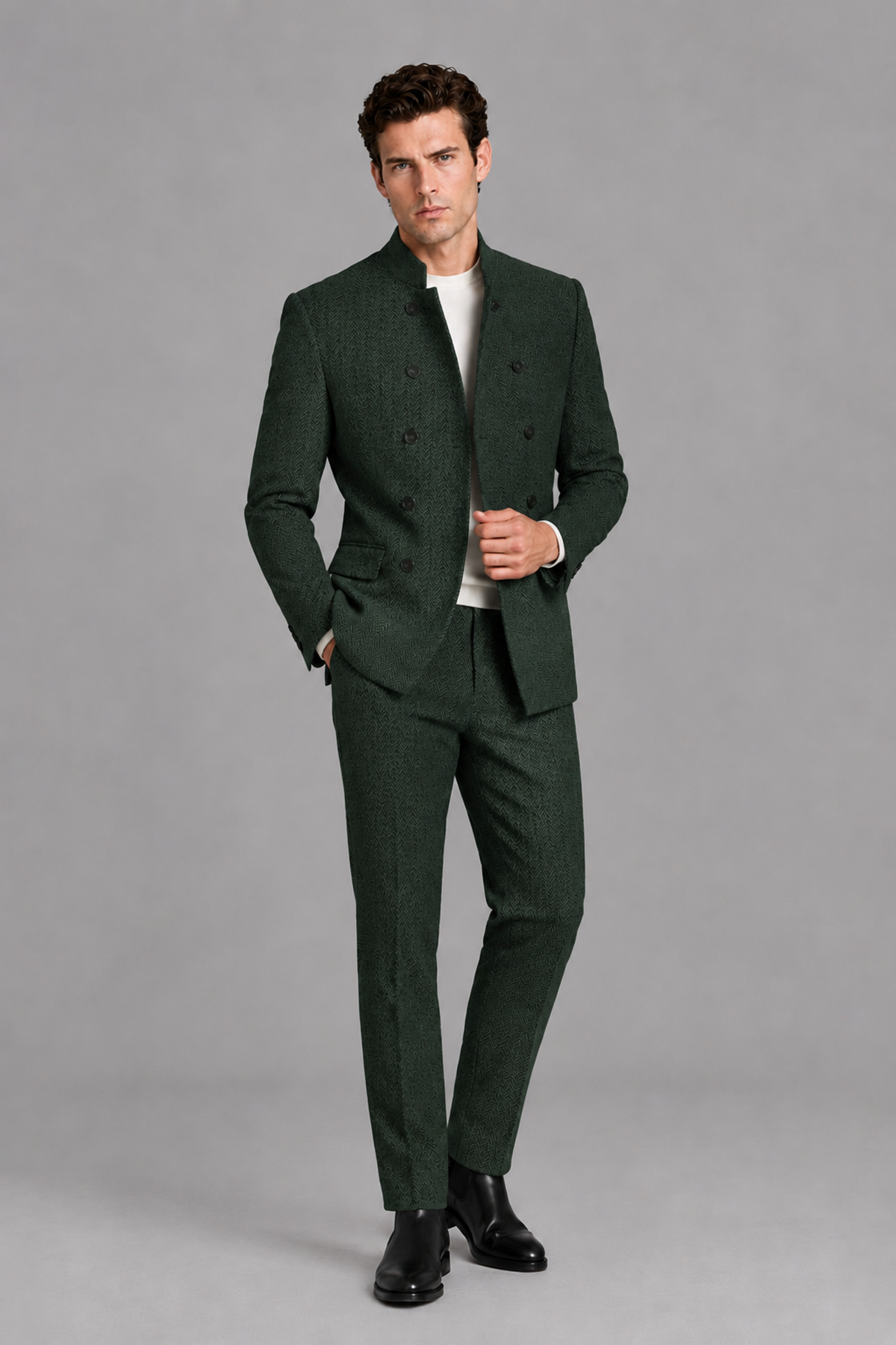 Savile Men's Dark Green Stand Collar Double Breasted Slim Fit 2-Piece Suit Set – Jacket & Trousers | Wedding Gala Formal - Dark_Green
