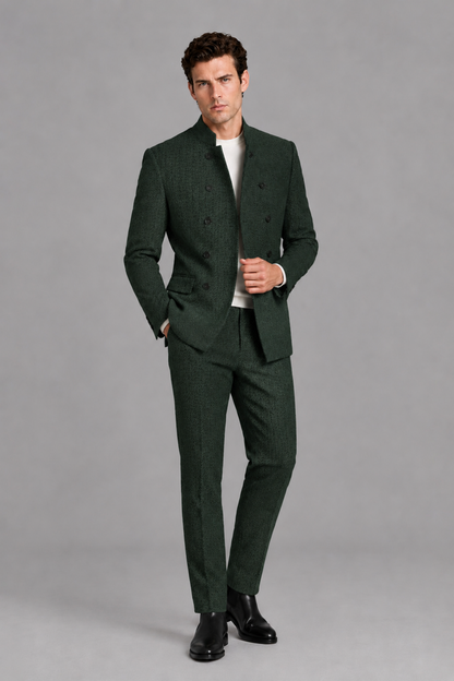Savile Men's Dark Green Stand Collar Double Breasted Slim Fit 2-Piece Suit Set – Jacket & Trousers | Wedding Gala Formal - Dark_Green