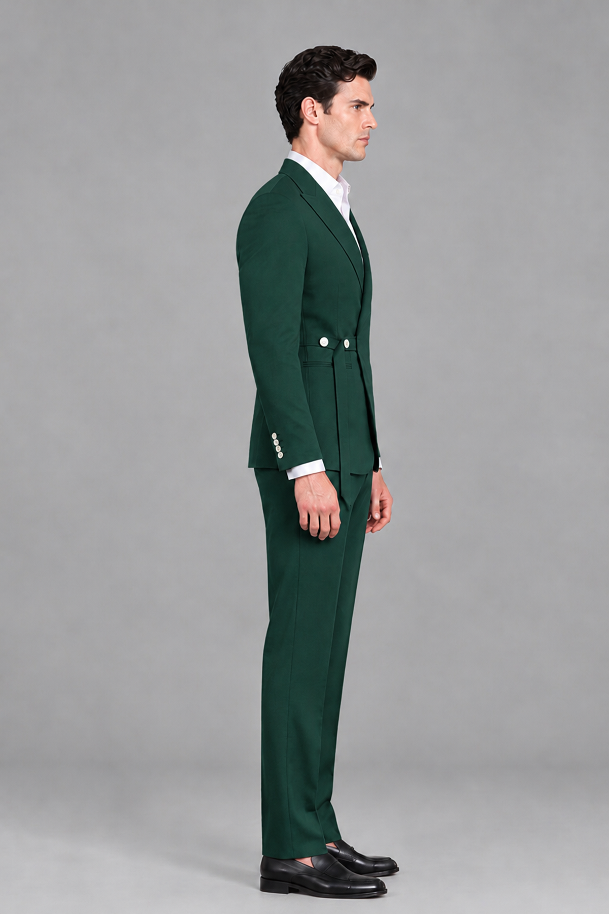 Savile Men's Modern Dark Green 2-Piece Wrap Suit Set – Peak Lapel Side-Button Blazer & Tailored Trousers - Dark Green - Dark_Green_4