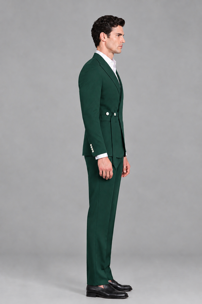 Savile Men's Modern Dark Green 2-Piece Wrap Suit Set – Peak Lapel Side-Button Blazer & Tailored Trousers - Dark Green - Dark_Green_4