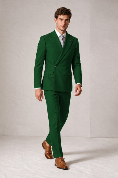 Savile Men's Dark Green Double-Breasted Slim Fit 2-Piece Suit Set – Peak Lapel Blazer & Cuffed Trousers | Wedding Prom Formal - Dark Green