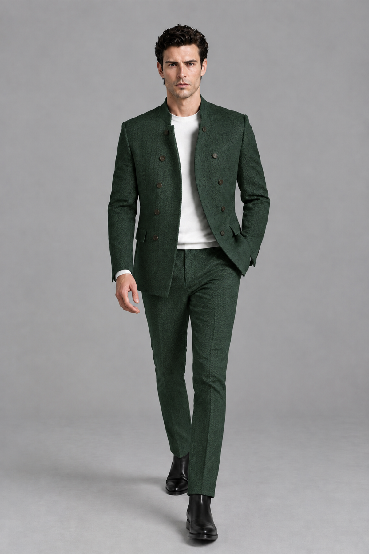 Savile Men's Dark Green Stand Collar Double Breasted Slim Fit 2-Piece Suit Set – Jacket & Trousers | Wedding Gala Formal - Dark_Green