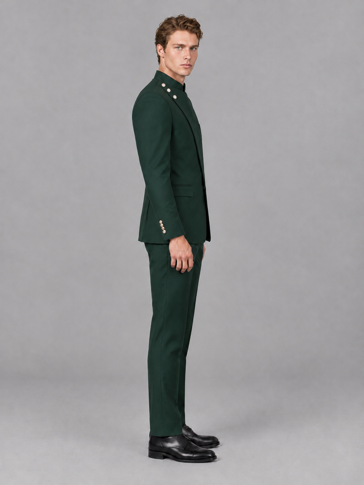Savile Men's Dark Green Mandarin Collar Asymmetrical 2-Piece Suit Set – Modern Jacket & Trousers - Dark Green - Dark Green_5
