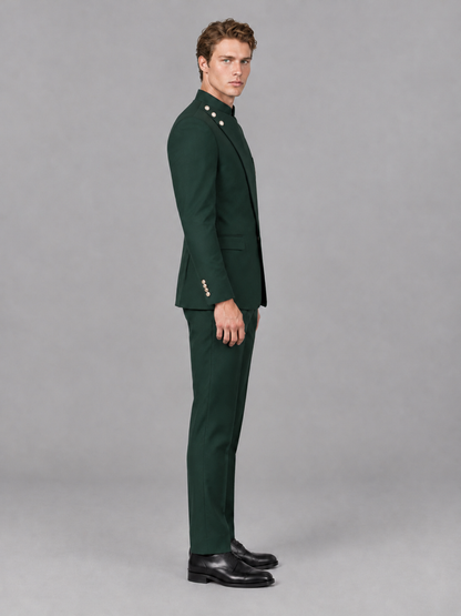 Savile Men's Dark Green Mandarin Collar Asymmetrical 2-Piece Suit Set – Modern Jacket & Trousers - Dark Green - Dark Green_5