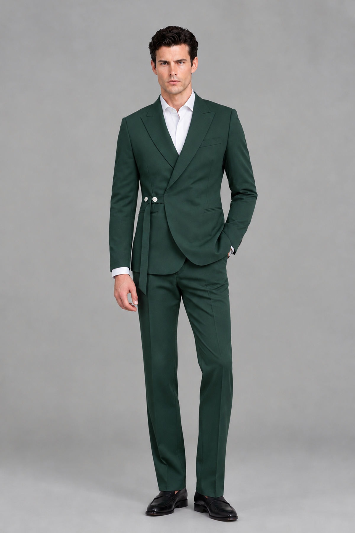 Savile Men's Modern Dark Green 2-Piece Wrap Suit Set – Peak Lapel Side-Button Blazer & Tailored Trousers - Dark Green - Dark_Green_5
