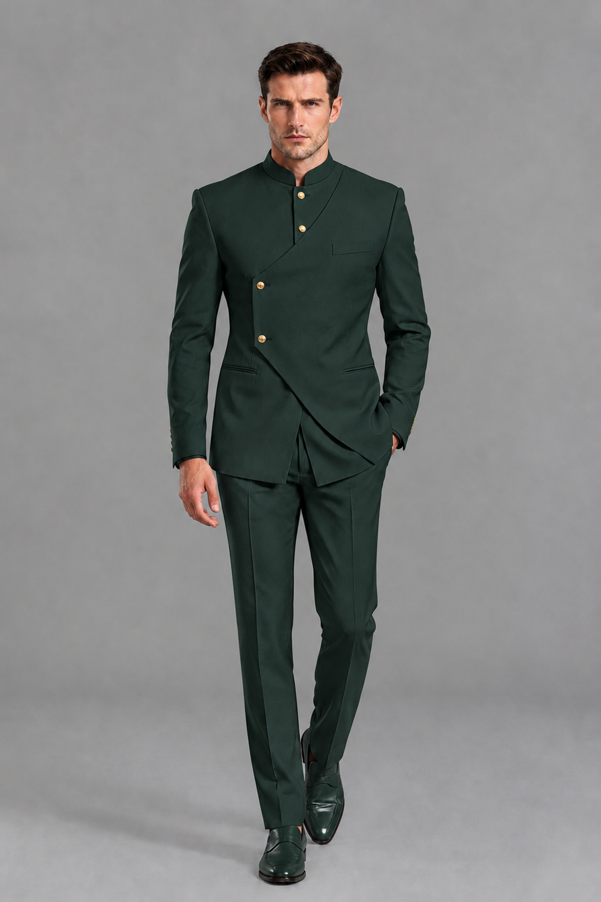 Savile Men's Dark Green Asymmetrical Mandarin Collar Tuxedo Suit – Modern 2-Piece Gold Button Wedding, Prom & Gala Set - Dark Green - Dark Green_5