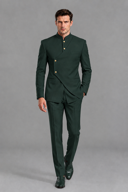 Savile Men's Dark Green Asymmetrical Mandarin Collar Tuxedo Suit – Modern 2-Piece Gold Button Wedding, Prom & Gala Set - Dark Green - Dark Green_5