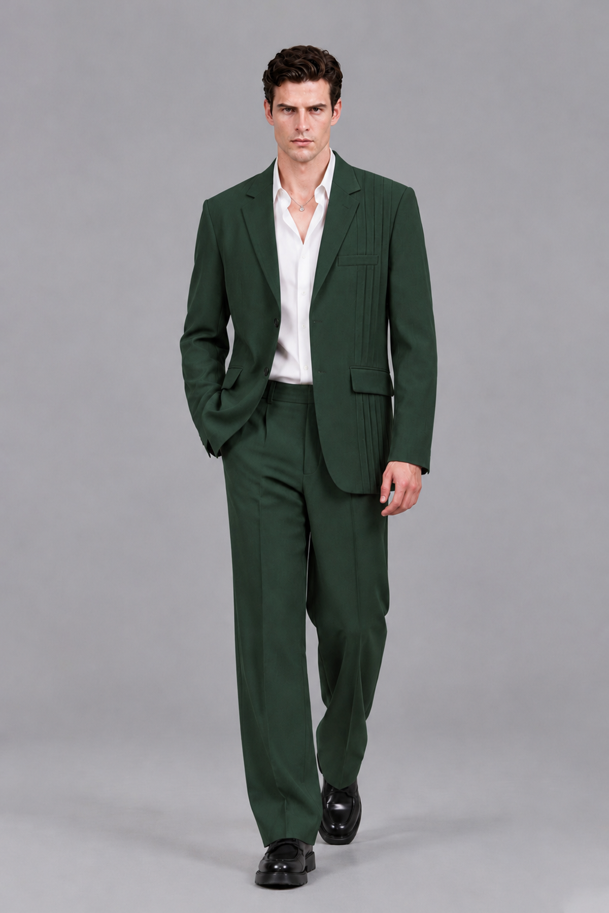 Savile Men's Dark Green Pleated 2-Piece Suit Set | Notch Lapel Blazer & Tailored Trousers - Dark Green - Dark Green_5
