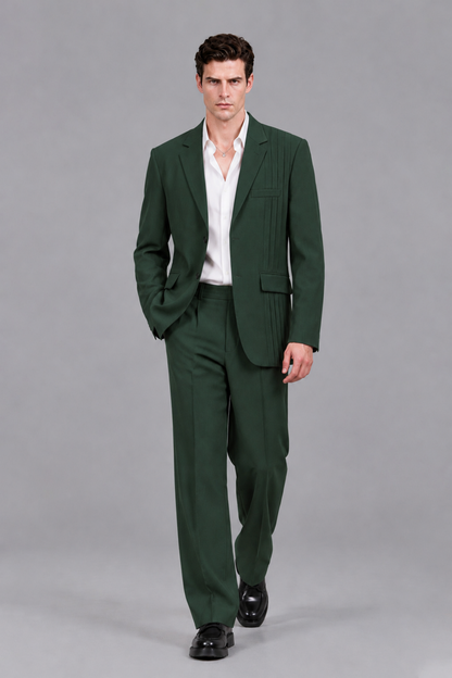Savile Men's Dark Green Pleated 2-Piece Suit Set | Notch Lapel Blazer & Tailored Trousers - Dark Green - Dark Green_5