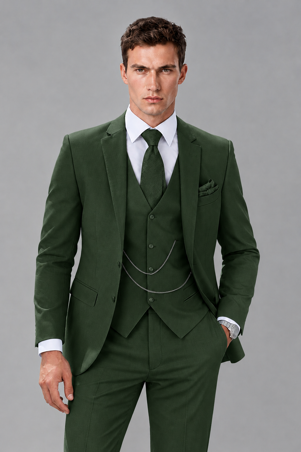 Savile Dark Green 3-Piece Suit with Notch Lapel & Chain Vest - Dark Green