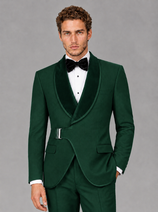 Savile Men's Dark Green Velvet Shawl Lapel Tuxedo Suit – Modern Side-Buckle Dinner Jacket & Trousers 2-Piece Set - Dark Green
