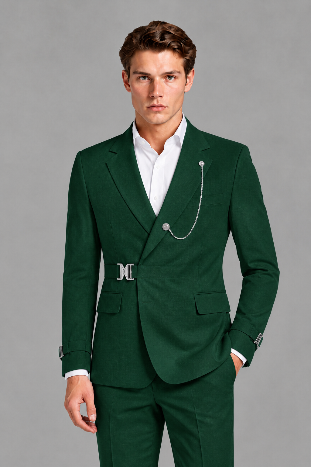 Savile Men's Dark Green Buckle-Closure 2-Piece Suit Set | Peak Lapel Blazer & Trousers - Dark Green