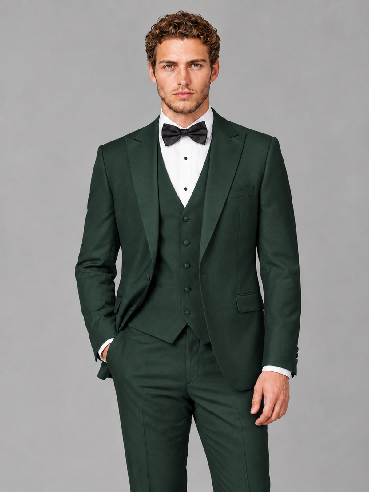 Savile Men's Dark Green Peak Lapel 3-Piece Tuxedo Suit | Jacket, Vest & Trousers - Dark Green