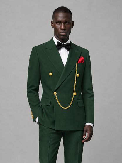 Men's Dark Green Double-Breasted 2-Piece Suit Set – Jacket & Trousers | Dark Green Chain - Dark Green