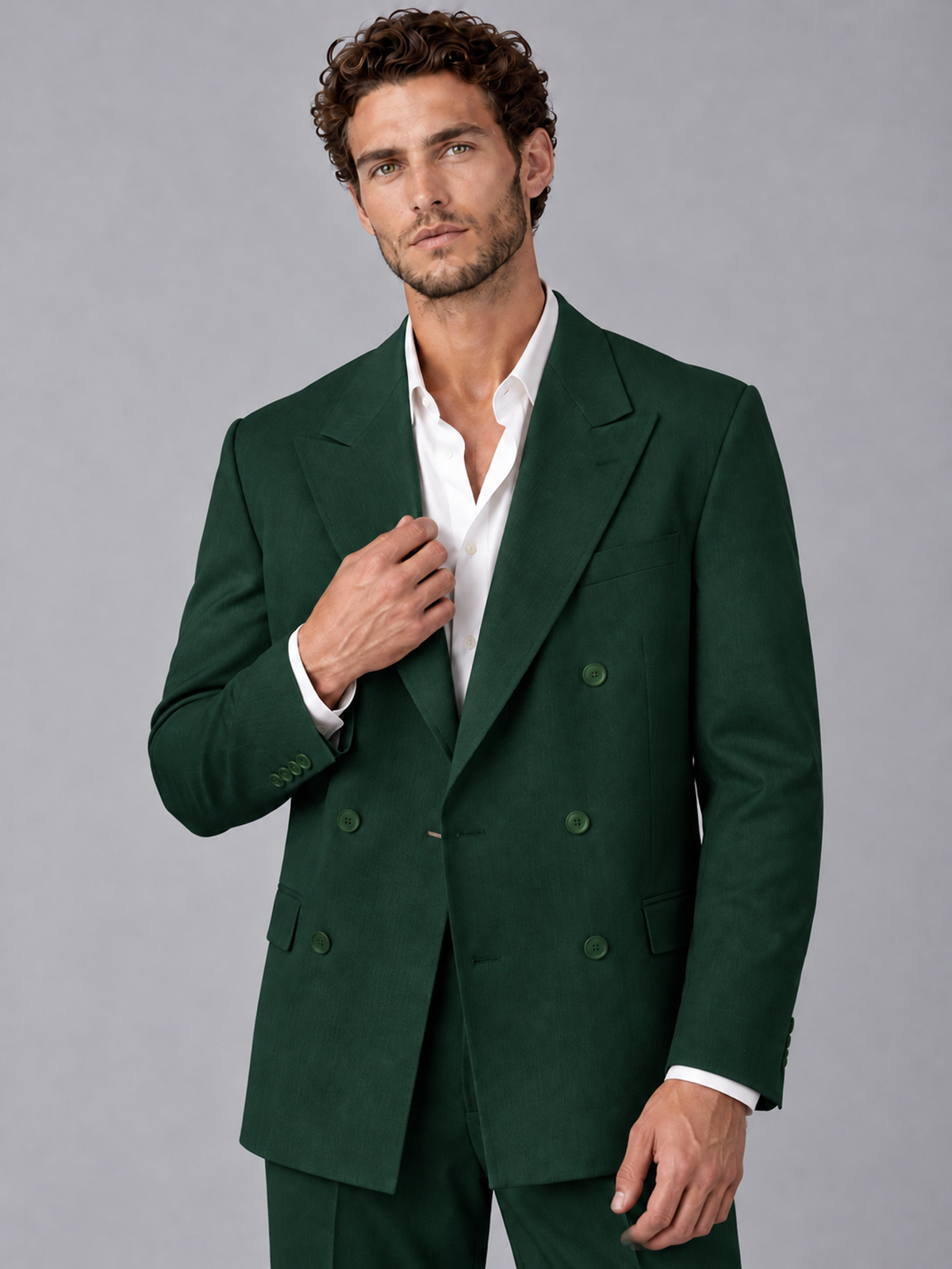 Savile Dark Green Beige Double-Breasted 2-Piece Suit with Peak Lapel - Dark Green