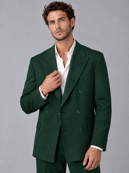 Savile Dark Green Beige Double-Breasted 2-Piece Suit with Peak Lapel - Dark Green