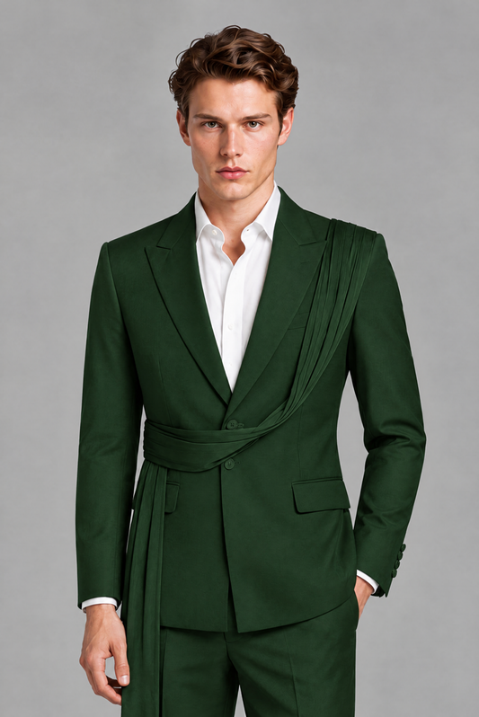 Men's Dark Green Draped Sash Suit – Peak Lapel 2-Piece Slim Fit Party, Gala & Wedding Set - Dark Green