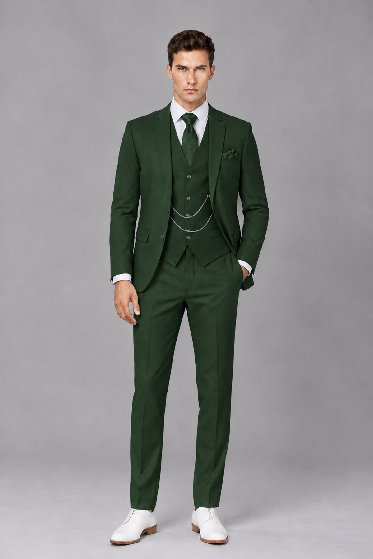Savile Dark Green 3-Piece Suit with Notch Lapel & Chain Vest - Dark Green