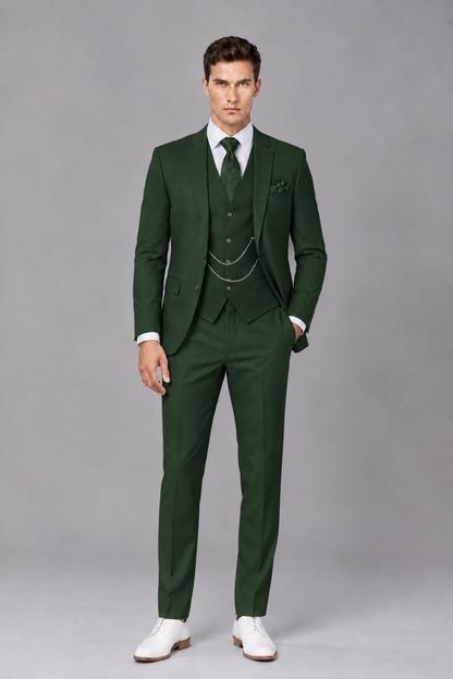 Savile Dark Green 3-Piece Suit with Notch Lapel & Chain Vest - Dark Green