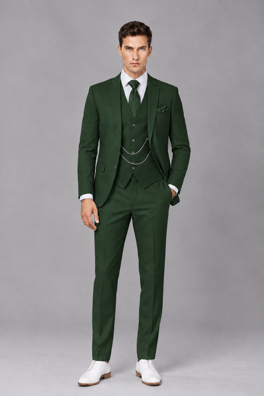 Savile Dark Green 3-Piece Suit with Notch Lapel & Chain Vest - Dark Green