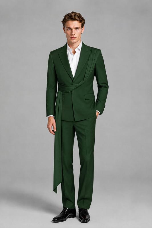 Men's Dark Green Draped Sash Suit – Peak Lapel 2-Piece Slim Fit Party, Gala & Wedding Set - Dark Green