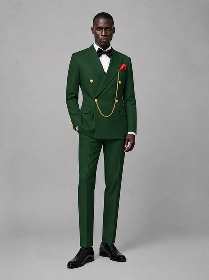 Men's Dark Green Double-Breasted 2-Piece Suit Set – Jacket & Trousers | Dark Green Chain - Dark Green